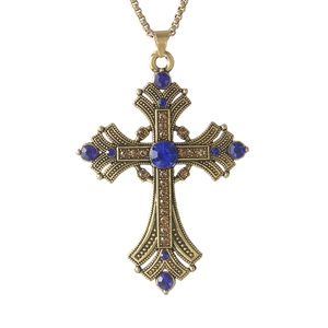 Vintage goldene Kreuzkette mit blauen Strasssteinen und langer Box-Kette im Hip-Hop-Stil