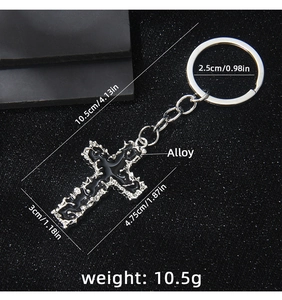 Detailed dimensions of gothic cross keychain with black enamel and silver thorn edge