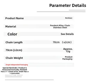 Detailed size and material specification chart for the gothic cross pendant necklace