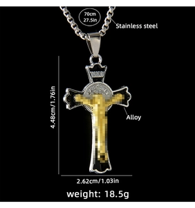 Detailed size chart showing gothic stainless steel cross pendant and chain specifications