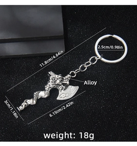 Detail view of vintage Viking axe keychain with dragon engravings and dimensions
