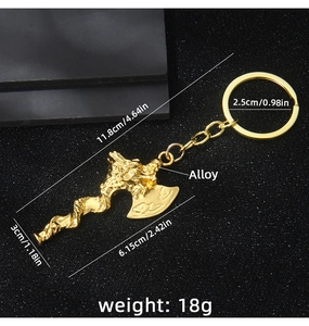 Detailed size specifications of the golden dragon viking axe keychain made of alloy material