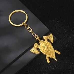 Porte-clés Viking doré avec hache de combat et bouclier solaire pour hommes