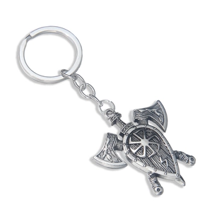 Porte-clés hache viking avec bouclier slave et symbole Kolovrat en métal vieilli