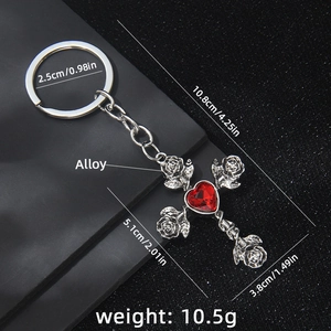 Gothic rose cross keychain with a red heart gem made of alloy for bags and backpacks