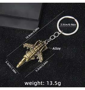 Detailed close-up of retro bronze alloy fighter jet keychain with product dimensions