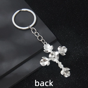 Back view of gothic silver heart cross keychain for car keys and backpack pendant