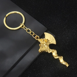 Golden dragon viking battle axe keychain with intricate cloud engraving and spiral handle