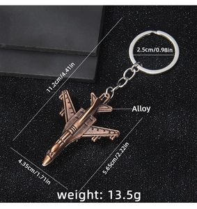 Macro view of vintage bronze fighter jet keychain with detailed alloy textures and dimensions