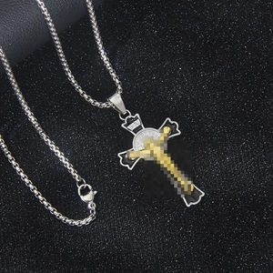 Gothic hip hop cross necklace in dual-tone stainless steel with a round medal pendant