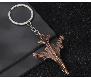 Detail of vintage bronze fighter jet keychain with realistic retro metallic finish