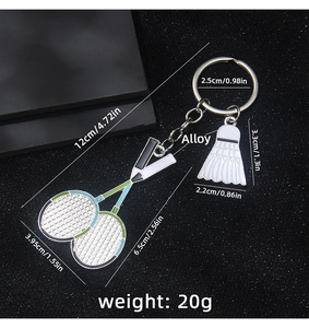 Detailed view of alloy badminton racket keychain dimensions with weight and material specs