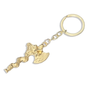 Golden Viking dragon axe keychain featuring intricate handle carvings and cloud patterns