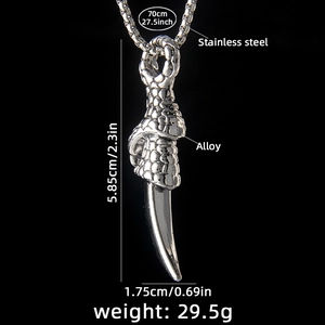 Polished stainless steel dragon claw pendant necklace for men with 70cm chain length