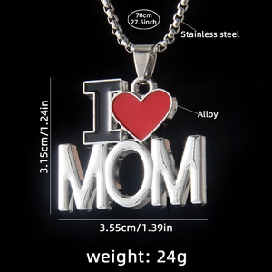 Collier I Love Mom en acier inoxydable avec pendentif cœur rouge et détails de la chaîne