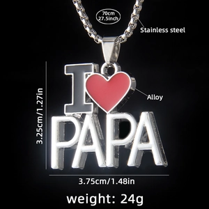 Collier en acier inoxydable avec pendentif cœur I Love PAPA et émail rouge brillant