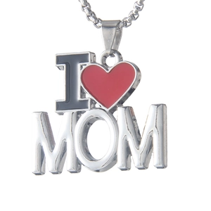 Collier en acier inoxydable poli I Love MOM avec pendentif cœur rouge et chaîne
