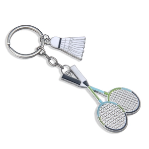 Badminton racket and shuttlecock keychain with green and blue enamel details