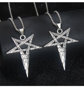 Macro detail of vintage Viking pentagram pendants with Eye of Horus embossed steel