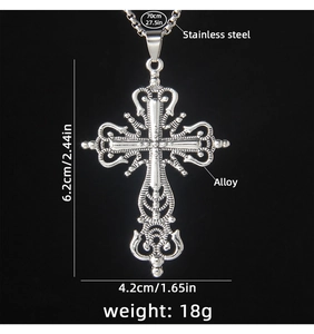 Detailed size chart of the vintage silver cross pendant with dimensions and chain length