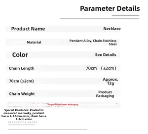 Size chart showing 70cm stainless steel chain length and 12g weight for necklace