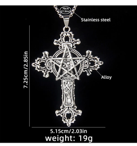 Detailed specs of gothic cross pendant necklace with star and floral relief engraving
