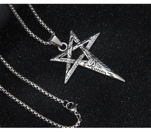 Macro shot of stainless steel pentagram pendant with Eye of Horus engraved detail