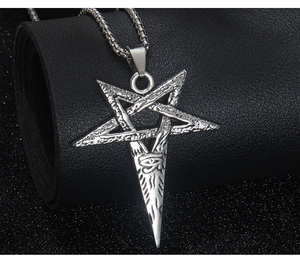 Macro shot of silver viking pentagram necklace with eye of horus symbol on hammered metal