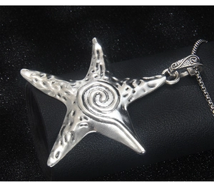 Macro d'un pendentif étoile de mer argenté avec texture bionique sur un support noir