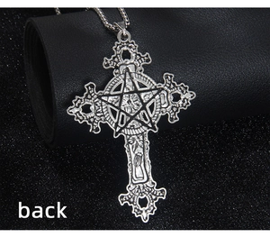Detailed back view of the vintage gothic cross pendant with pentagram relief