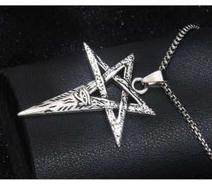 Macro view of vintage stainless steel Viking pentagram pendant with Eye of Horus detail