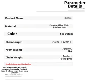 Specifications for the guitar necklace featuring alloy pendant and 70cm steel chain