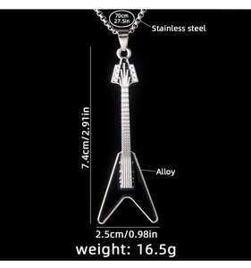Detailed view of a V-shaped guitar pendant necklace in silver and black enamel