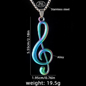 Collier en acier inoxydable avec pendentif clé de sol arc-en-ciel et longue chaîne