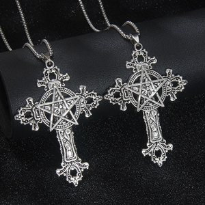 Vintage Gothic Stainless Steel Pentagram Cross Pendant Necklace Punk Thorns Star Alloy Hollow Out Necklace For Men Women Jewelry