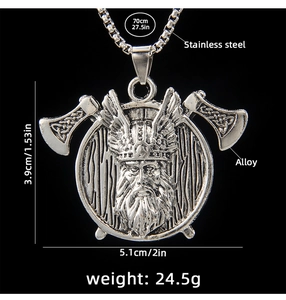 Detail showing Viking double axe pendant dimensions and stainless steel material info