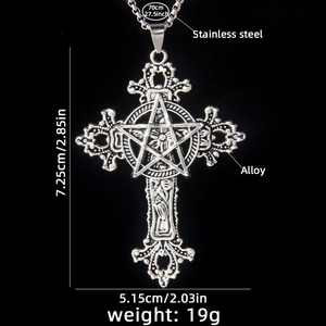 Retro stainless steel necklace with large cross and pentagram pendant in silver finish