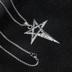 Vintage stainless steel pentagram necklace with Eye of Horus pendant in retro silver