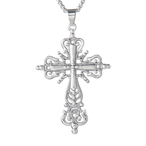 Gothic style hollow cross pendant necklace in vintage silver finish with box chain
