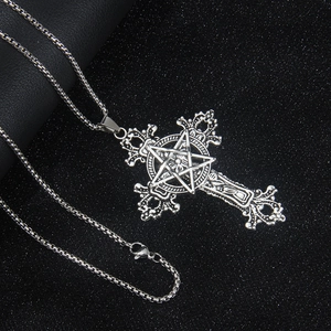 Gothic silver stainless steel cross necklace with star pendant on a bead chain