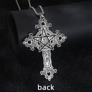 Vintage silver pentagram cross necklace with gothic punk thorn details on a pearl chain