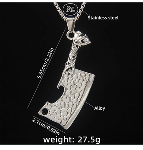 Macro view of punk skull cleaver pendant showing stainless steel chain and alloy textures