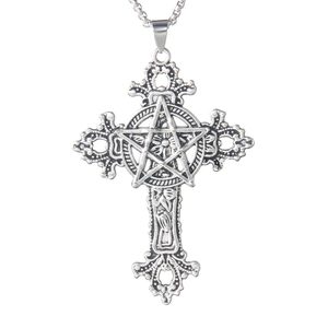 Vintage stainless steel cross necklace with star and flower relief on O-chain