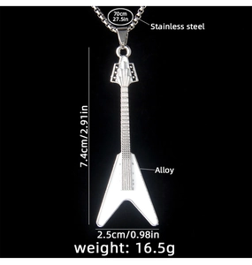 Detailed size specifications for silver guitar pendant with stainless steel long chain