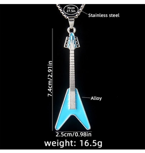 Detail showing blue guitar pendant measurements of 7.4cm x 2.5cm on a long 70cm chain