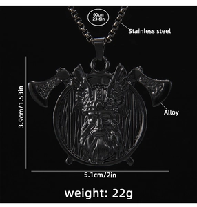 Detail view of Viking axe necklace with stainless steel chain length and pendant size specs