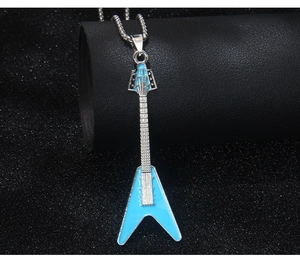 Close-up of a sky blue enamel electric guitar pendant with silver metal chain necklace