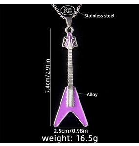 Detail view of purple guitar pendant with measurements of seventy centimeters chain