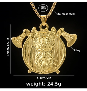 Detailed specs for Viking double axe pendant necklace showing dimensions and 70cm chain