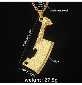 Detailed specs of gold skull knife pendant necklace with dimensions and material info